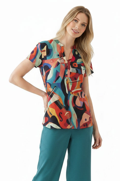 Printed Drop-Neck Short Sleeve Top #336 Musica / Santorini