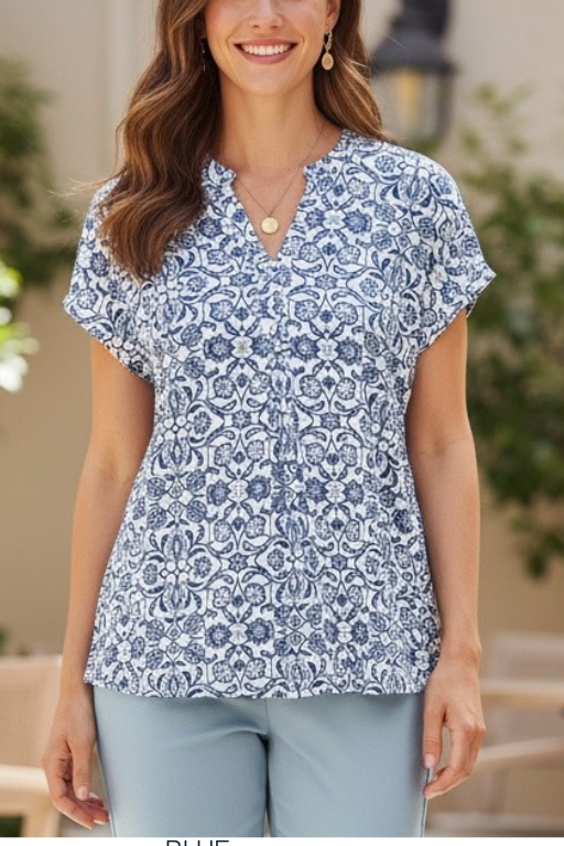 Two women wearing patterned tops with product details and color swatches.