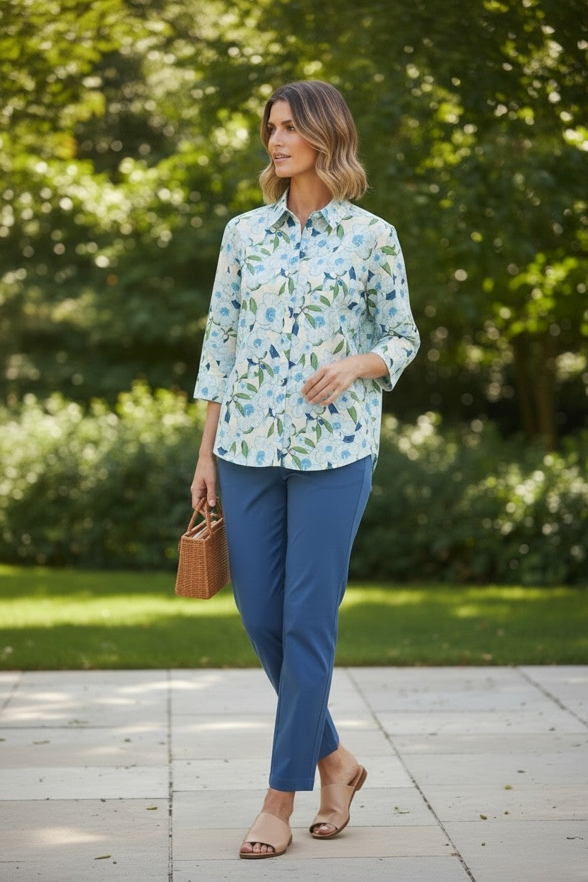 Blue Flowers Print 3/4 Sleeve Shirt #3437