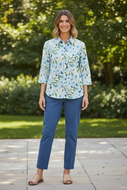 Blue Flowers Print 3/4 Sleeve Shirt #3437