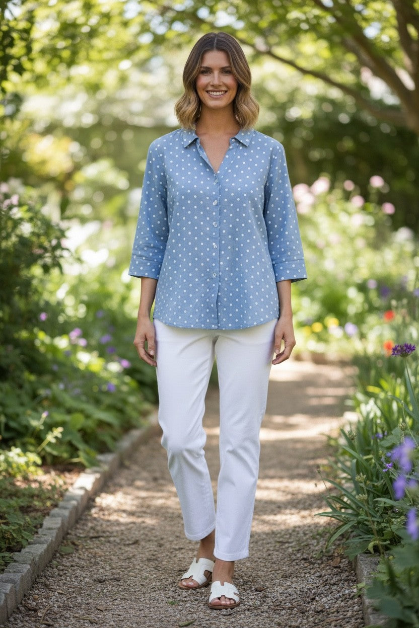 Cotton Spot Print Relaxed Fit 3/4 Sleeve Shirt #3588