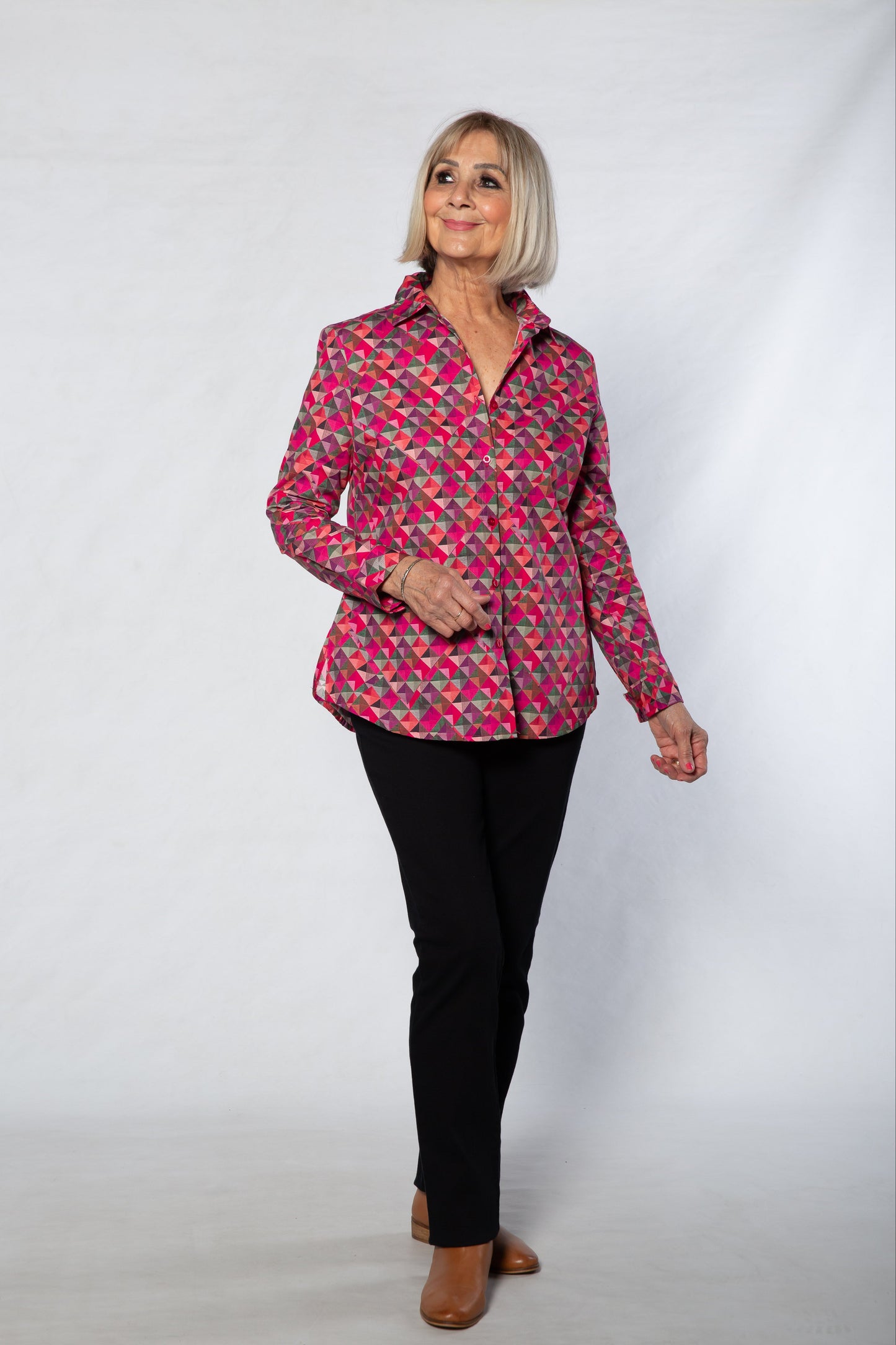 Long sleeve diamond print shirt - #3590 PINK