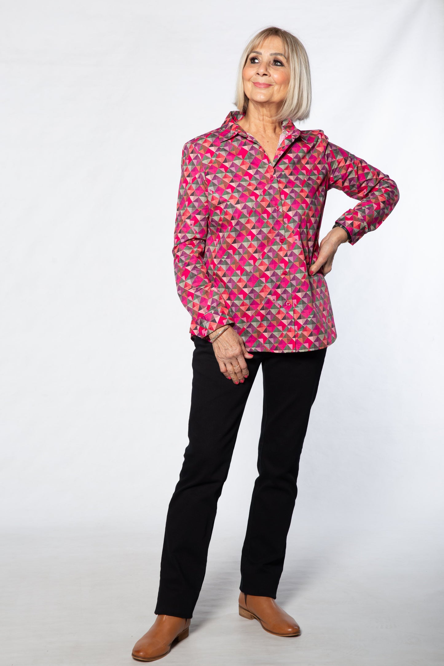 Long sleeve diamond print shirt - #3590 PINK