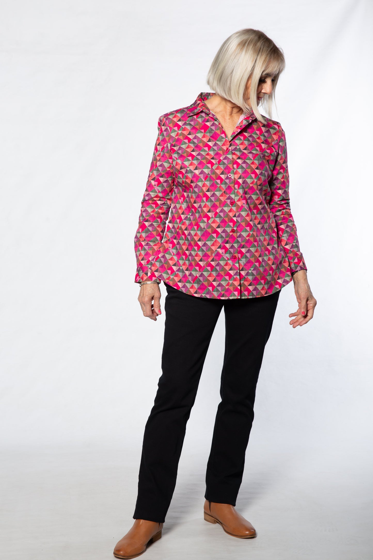 Long sleeve diamond print shirt - #3590 PINK