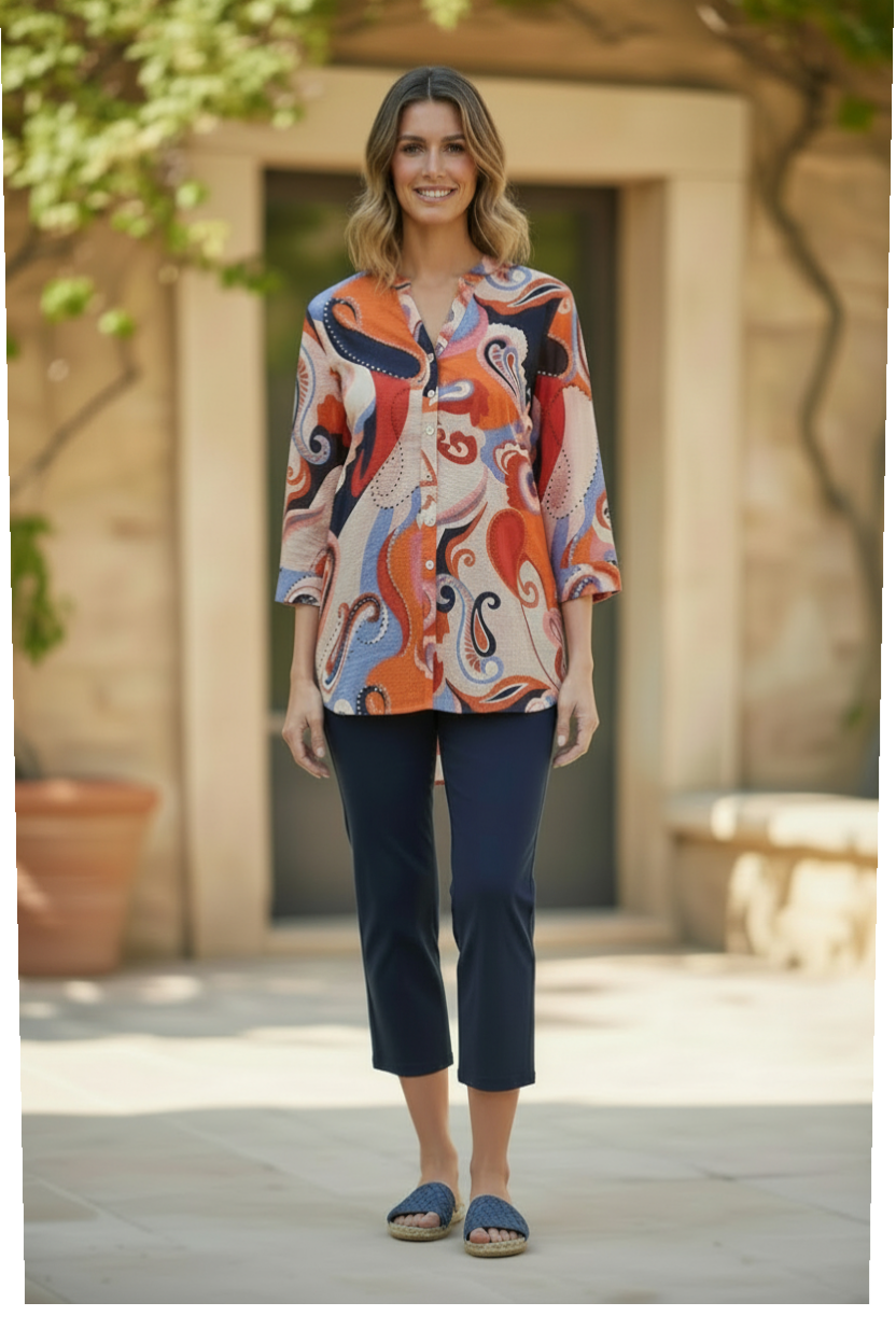 Tab Sleeve Paisley Print Overshirt – #3609 Green & Navy