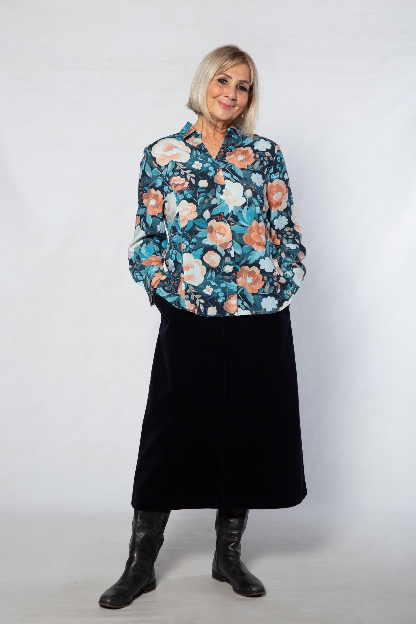 Pleat Front Floral Print Rayon Shirt #3627 Blue
