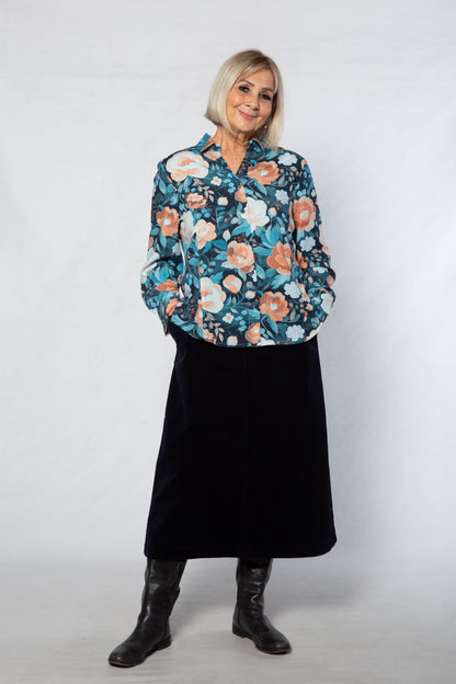 Pleat Front Floral Print Rayon Shirt #3627 Blue