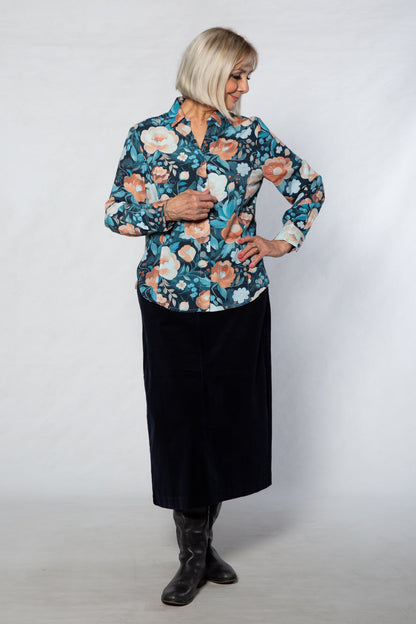 Pleat Front Floral Print Rayon Shirt #3627 Blue