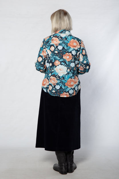 Pleat Front Floral Print Rayon Shirt #3627 Blue