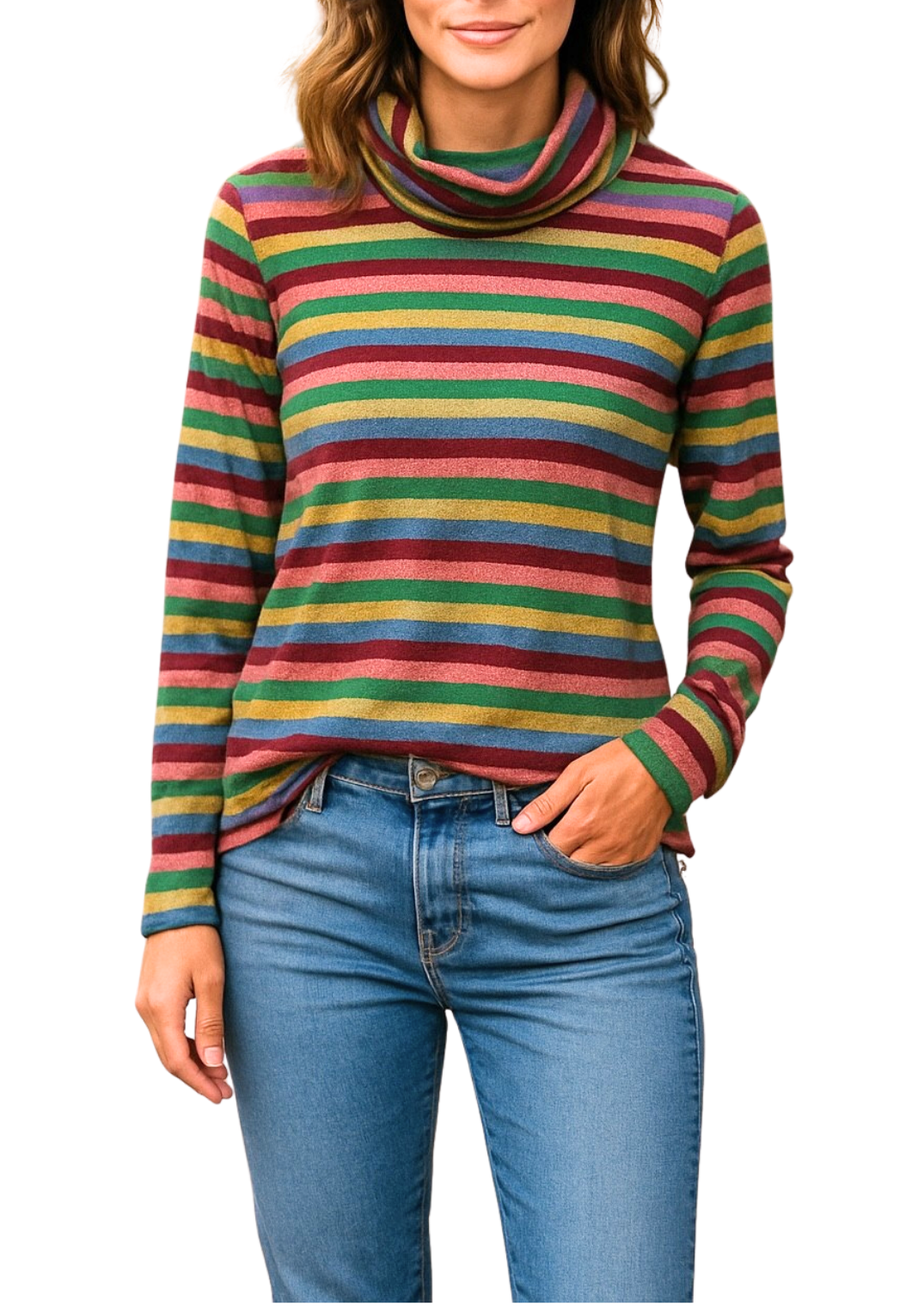 Woman wearing a colorful striped sweater and blue jeans on a white background