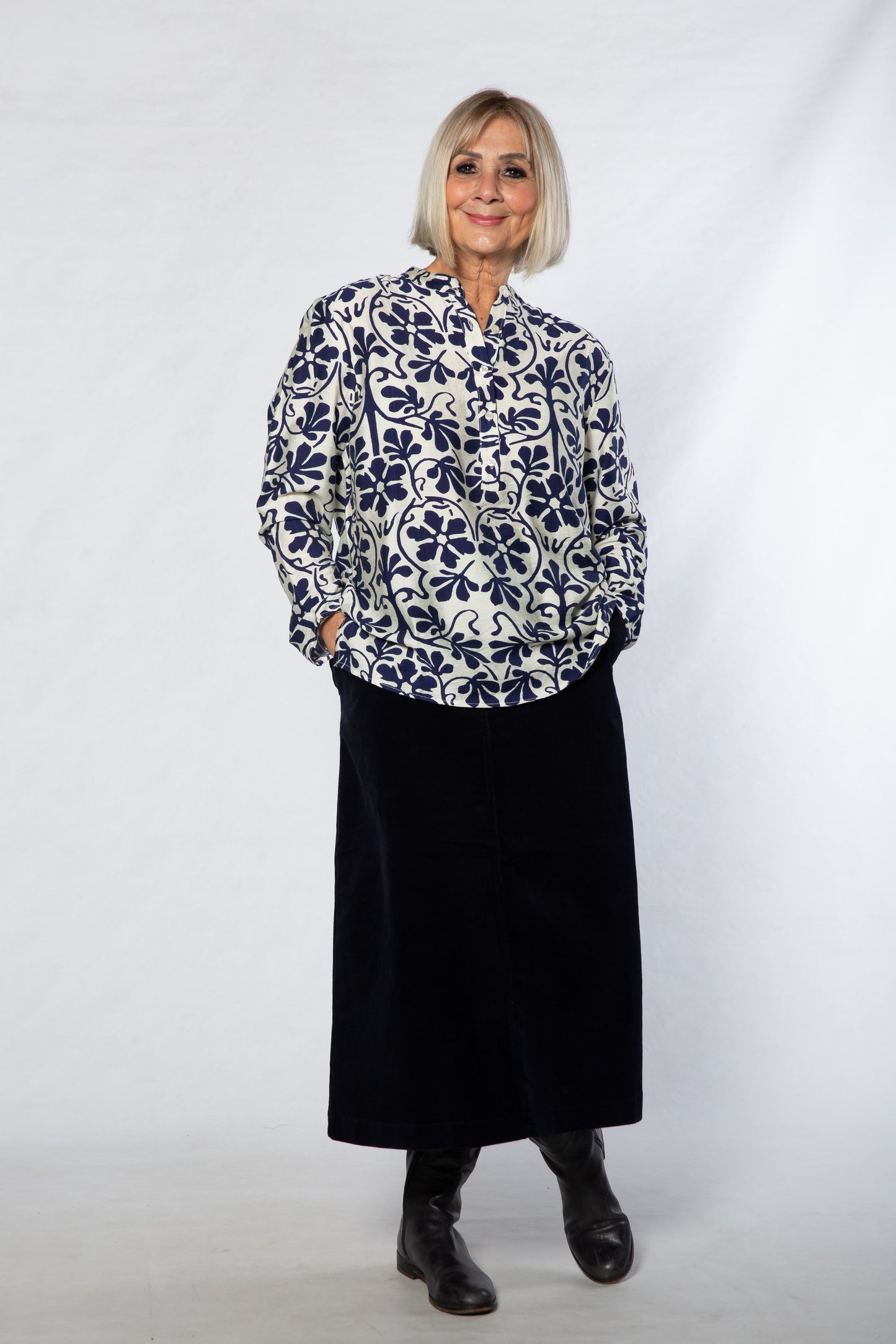 Monotone Floral Print Tunic Shirt with Mandarin Collar #3684 - Ivory/Navy