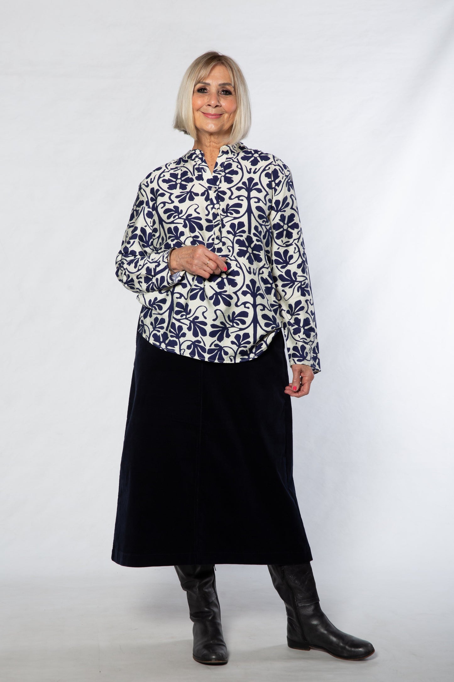 Monotone Floral Print Tunic Shirt with Mandarin Collar #3684 - Ivory/Navy
