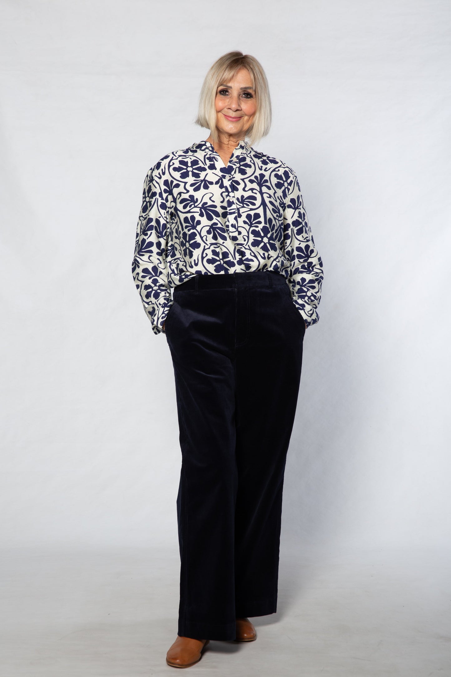 Monotone Floral Print Tunic Shirt with Mandarin Collar #3684 - Ivory/Navy