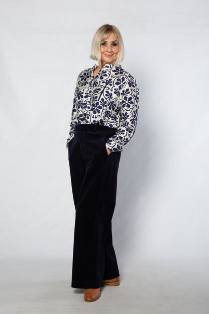 Monotone Floral Print Tunic Shirt with Mandarin Collar #3684 - Ivory/Navy