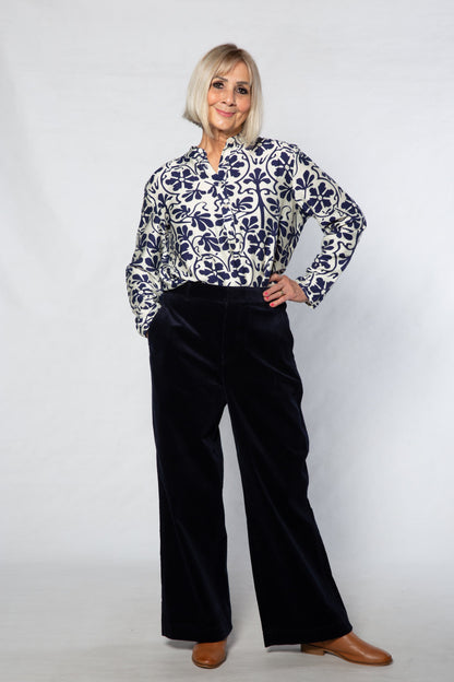 Monotone Floral Print Tunic Shirt with Mandarin Collar #3684 - Ivory/Navy
