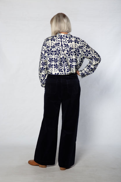 Monotone Floral Print Tunic Shirt with Mandarin Collar #3684 - Black/White