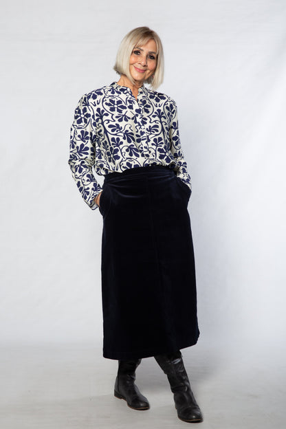 Monotone Floral Print Tunic Shirt with Mandarin Collar #3684 - Ivory/Navy
