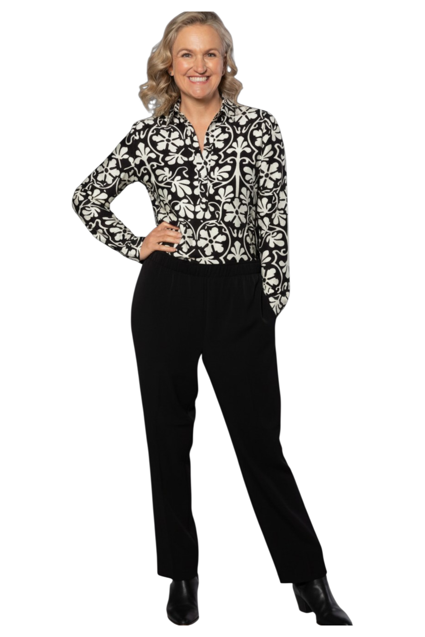 Monotone Floral Print Tunic Shirt with Mandarin Collar #3684 - Black/White