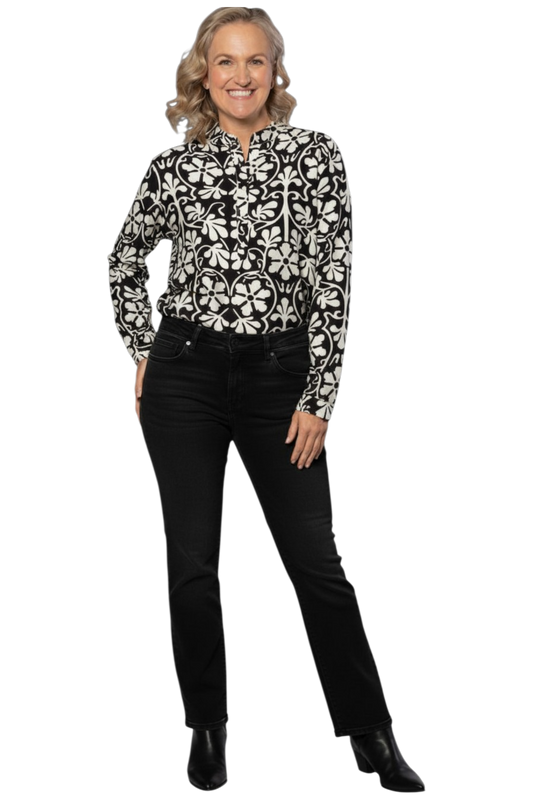Monotone Floral Print Tunic Shirt with Mandarin Collar #3684 - Black/White