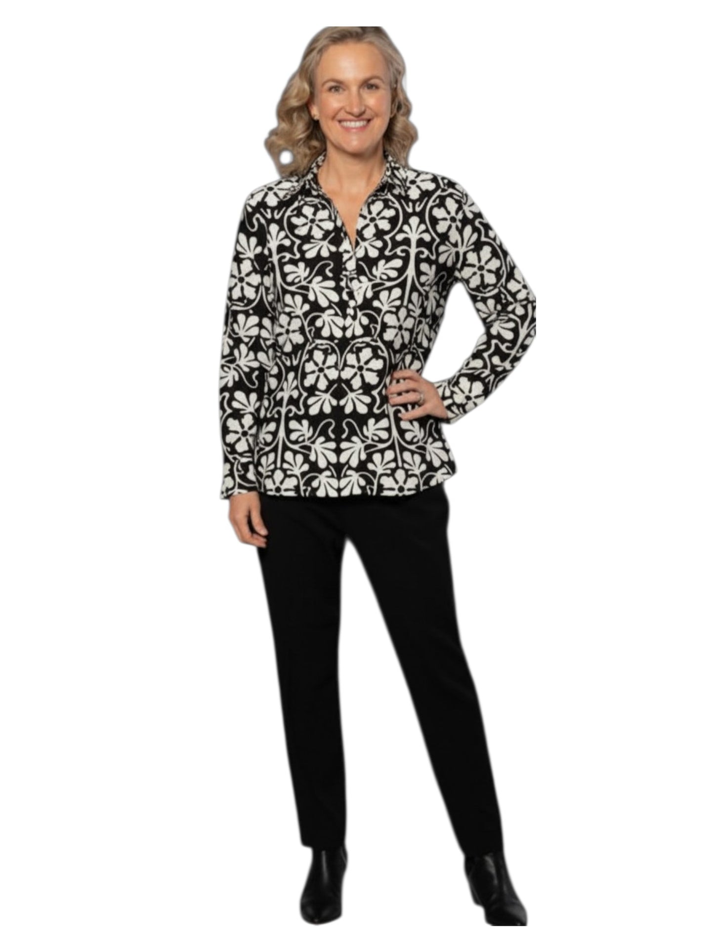 Monotone Floral Print Tunic Shirt with Mandarin Collar #3684 - Black/White