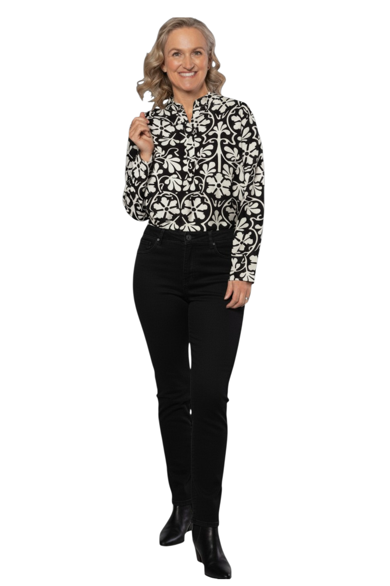 Monotone Floral Print Tunic Shirt with Mandarin Collar #3684 - Black/White