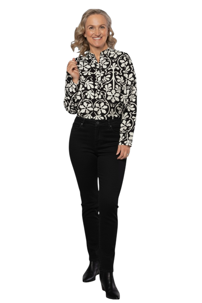 Monotone Floral Print Tunic Shirt with Mandarin Collar #3684 - Black/White