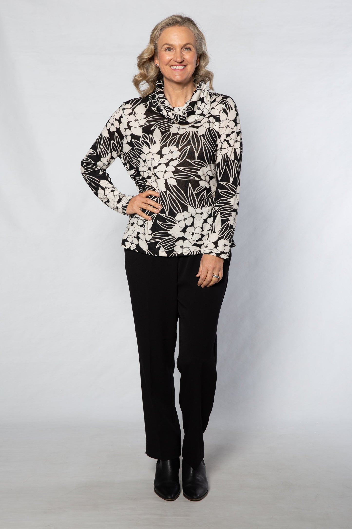 Cowl neck floral print top #370 Black/White