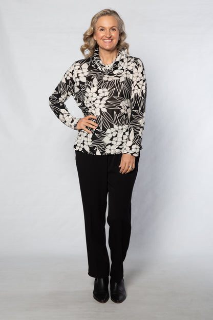 Cowl neck floral print top #370 Black/White