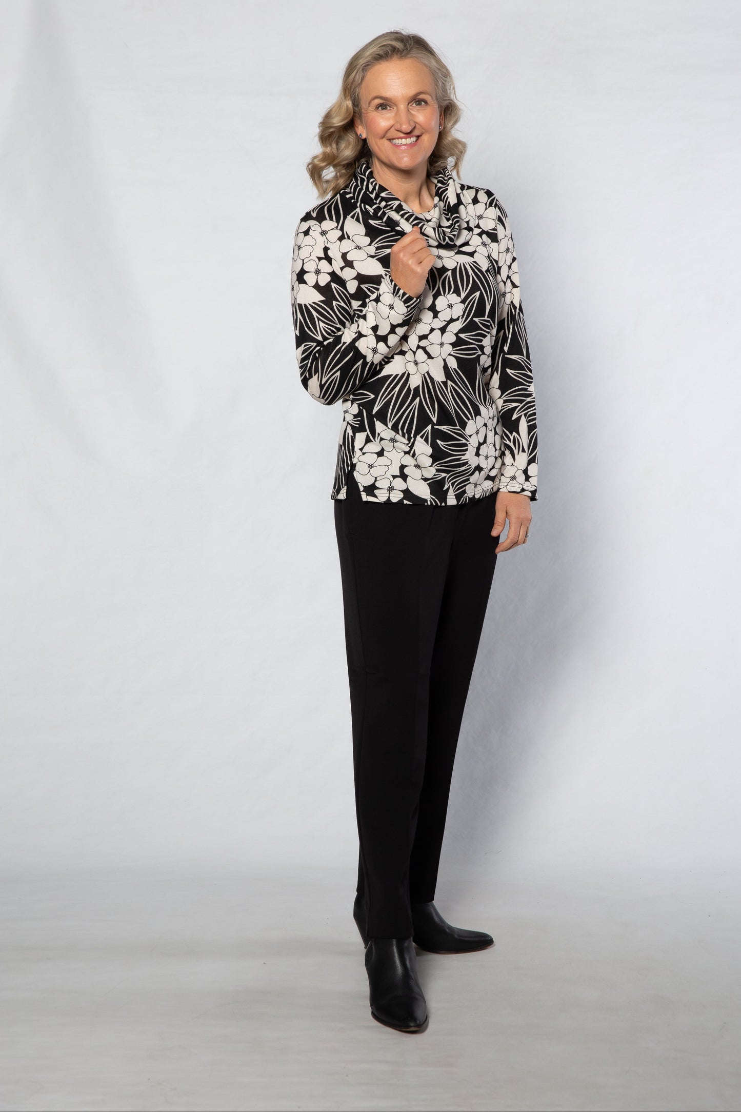 Cowl neck floral print top #370 Black/White