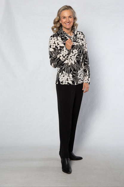 Cowl neck floral print top #370 Black/White