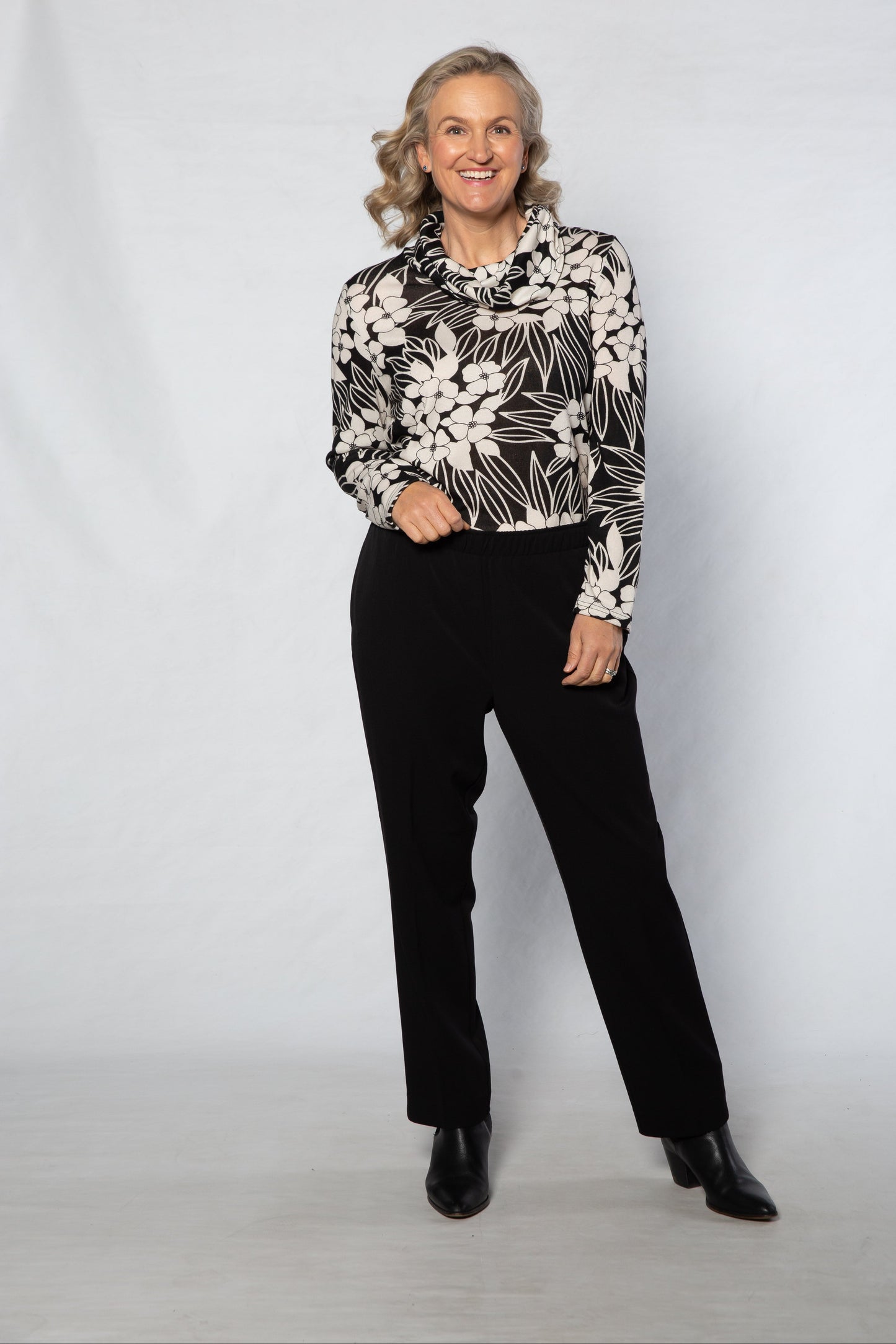 Cowl neck floral print top #370 Black/White