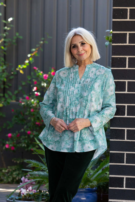 Green Floral Pleated Front shirt with mandarin collar and half placket opening #3724