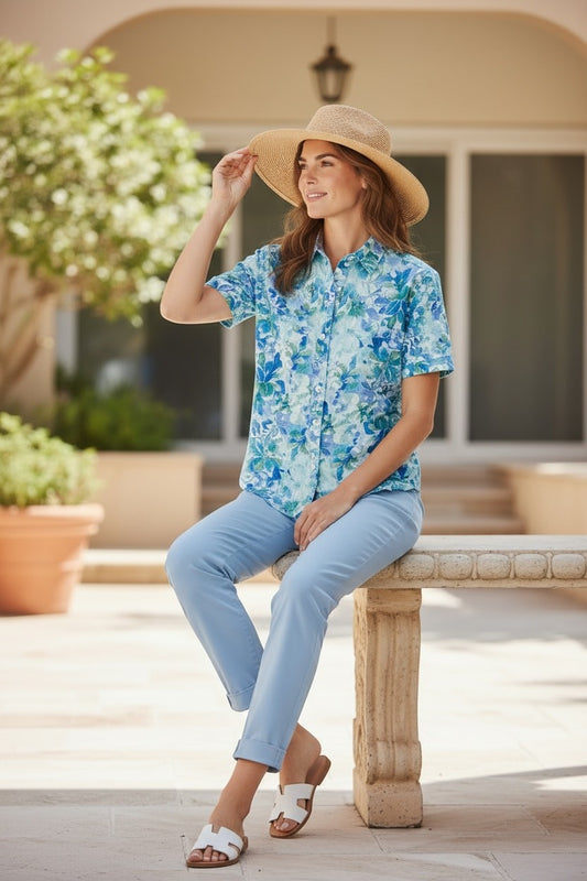 Blue Floral Print Short Sleeve Shirt #3729