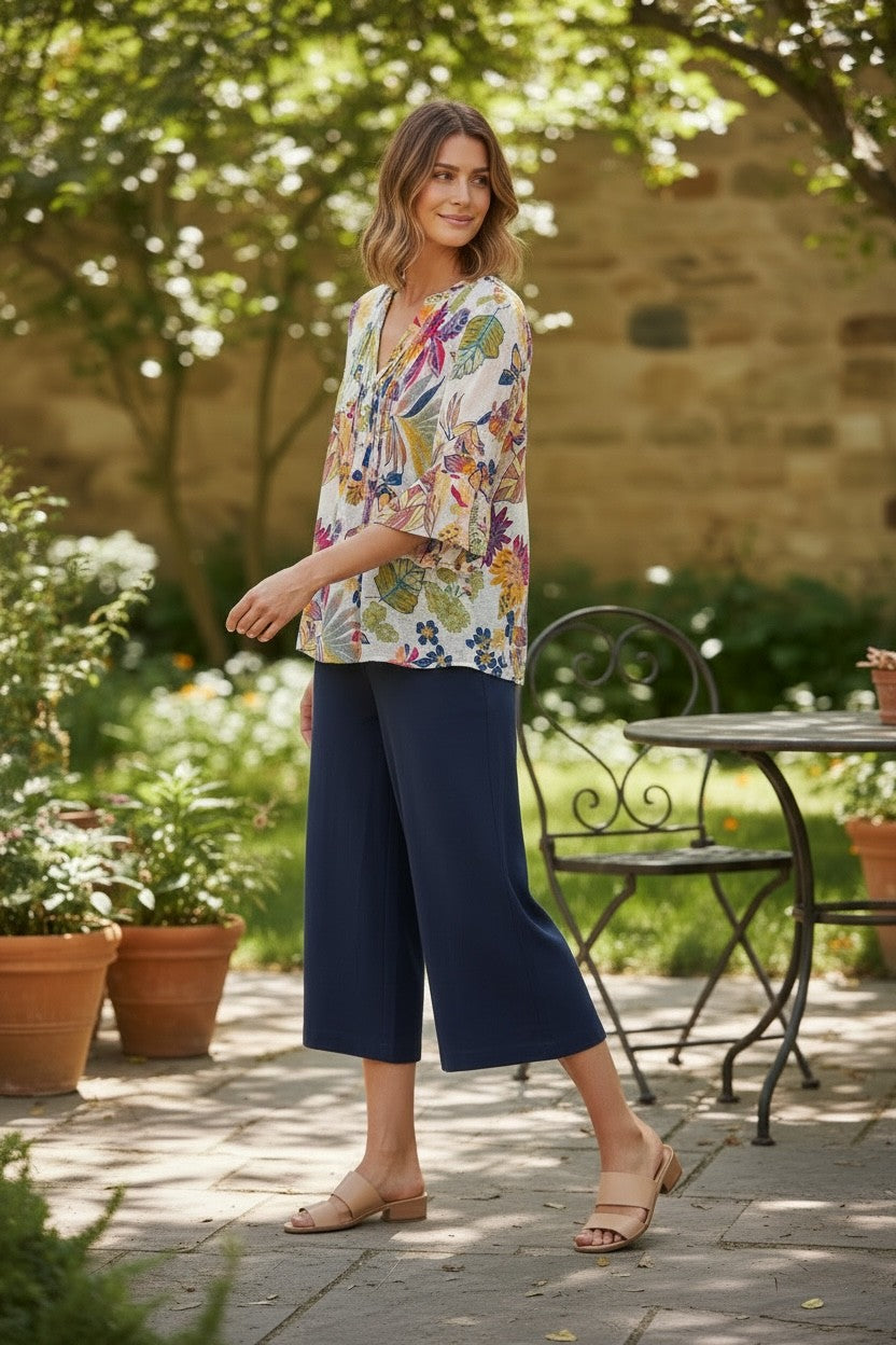 3/4 Pleat Front Bell Cuff Floral Shirt #3753 Navy Multi & White Multi