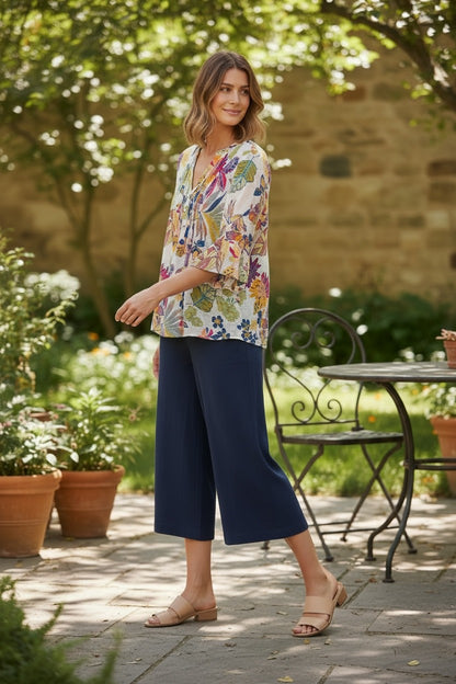 3/4 Pleat Front Bell Cuff Floral Shirt #3753 Navy Multi & White Multi