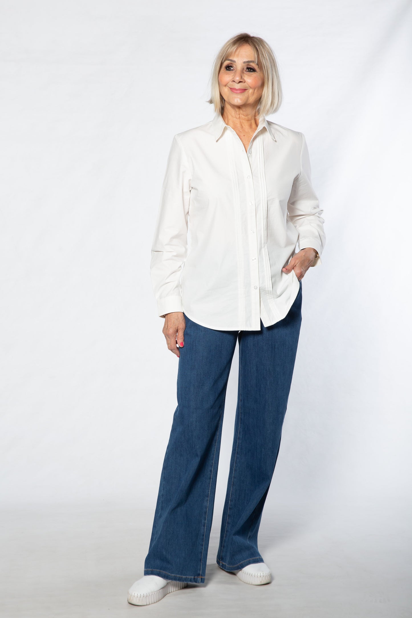 Long sleeve fine pleat cotton shirt - #3853 WHITE
