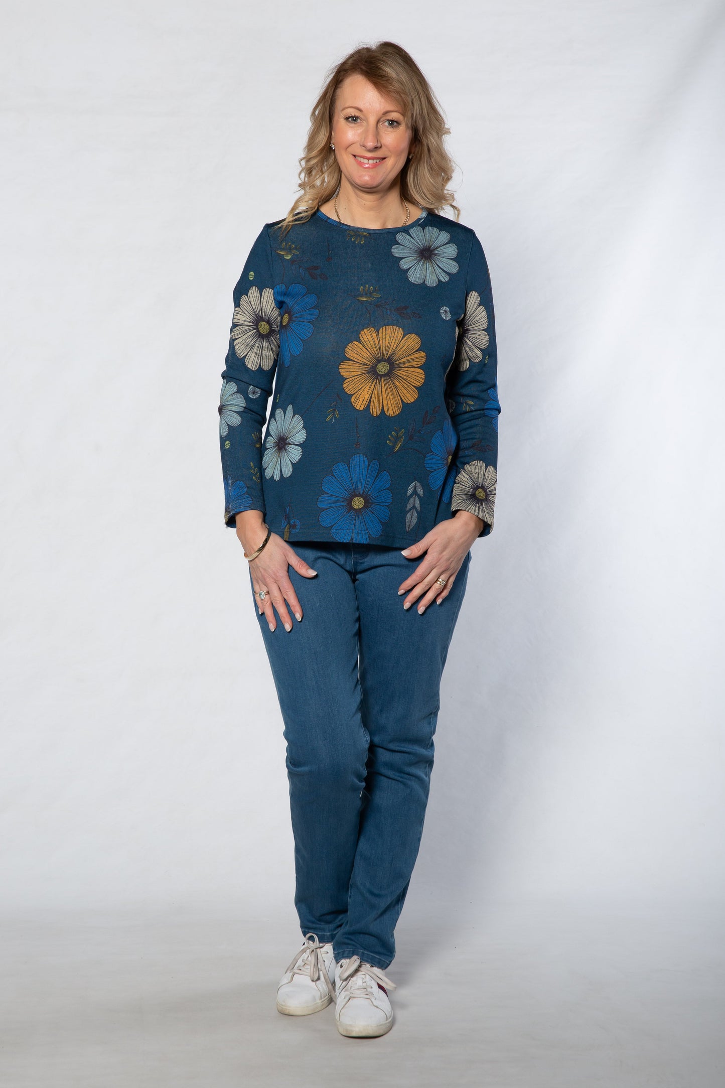 Round neck floral print top #394 - Blue Floral