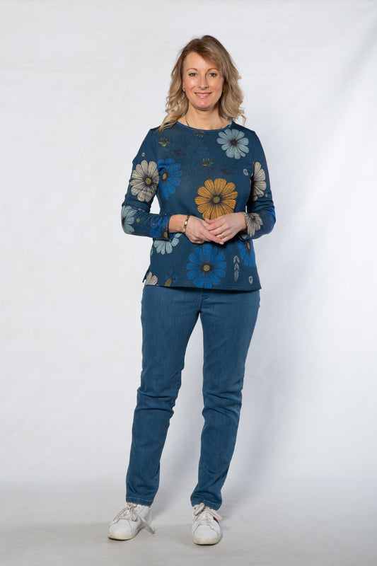 Round neck floral print top #394 - Blue Floral