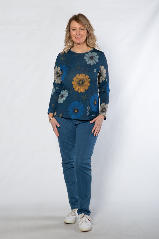 Round neck floral print top #394 - Blue Floral