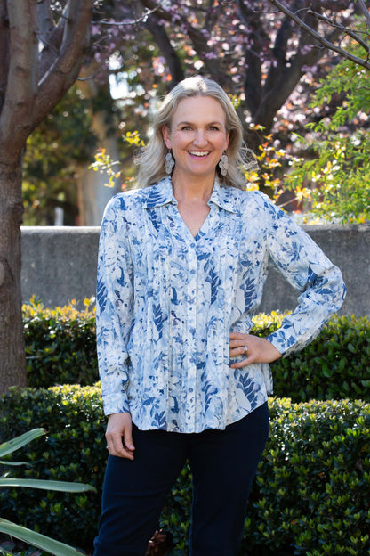 Blue Floral Garden Pleated Front Shirt with Drop Neck Collar #3965