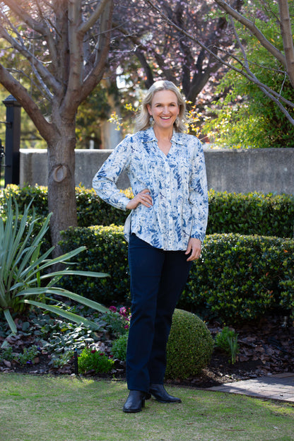 Blue Floral Garden Pleated Front Shirt with Drop Neck Collar #3965