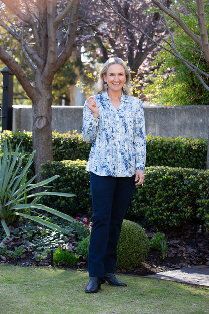Blue Floral Garden Pleated Front Shirt with Drop Neck Collar #3965