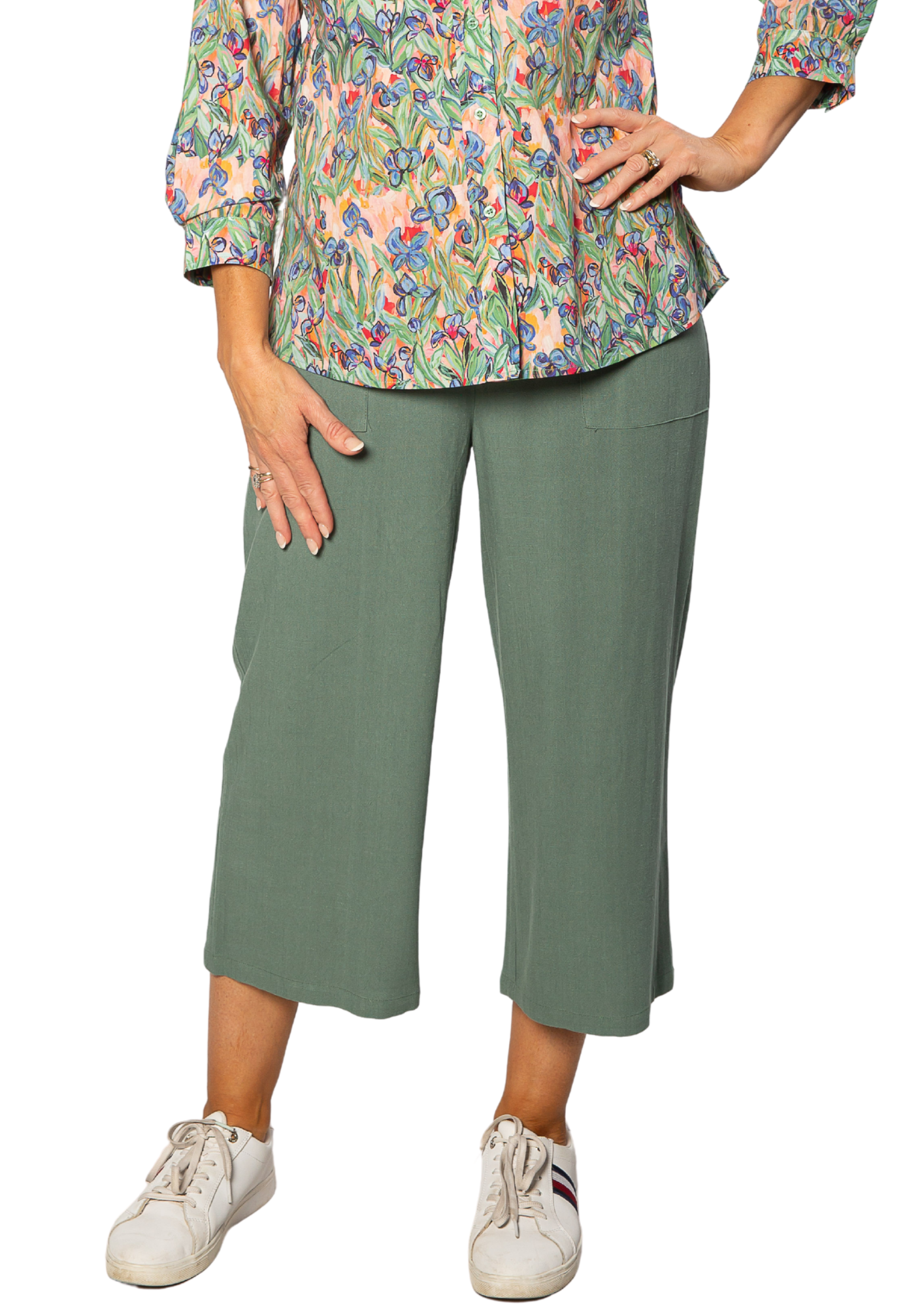 Linen Blend 3/4 Length Pant with Pockets #6678 - Thyme