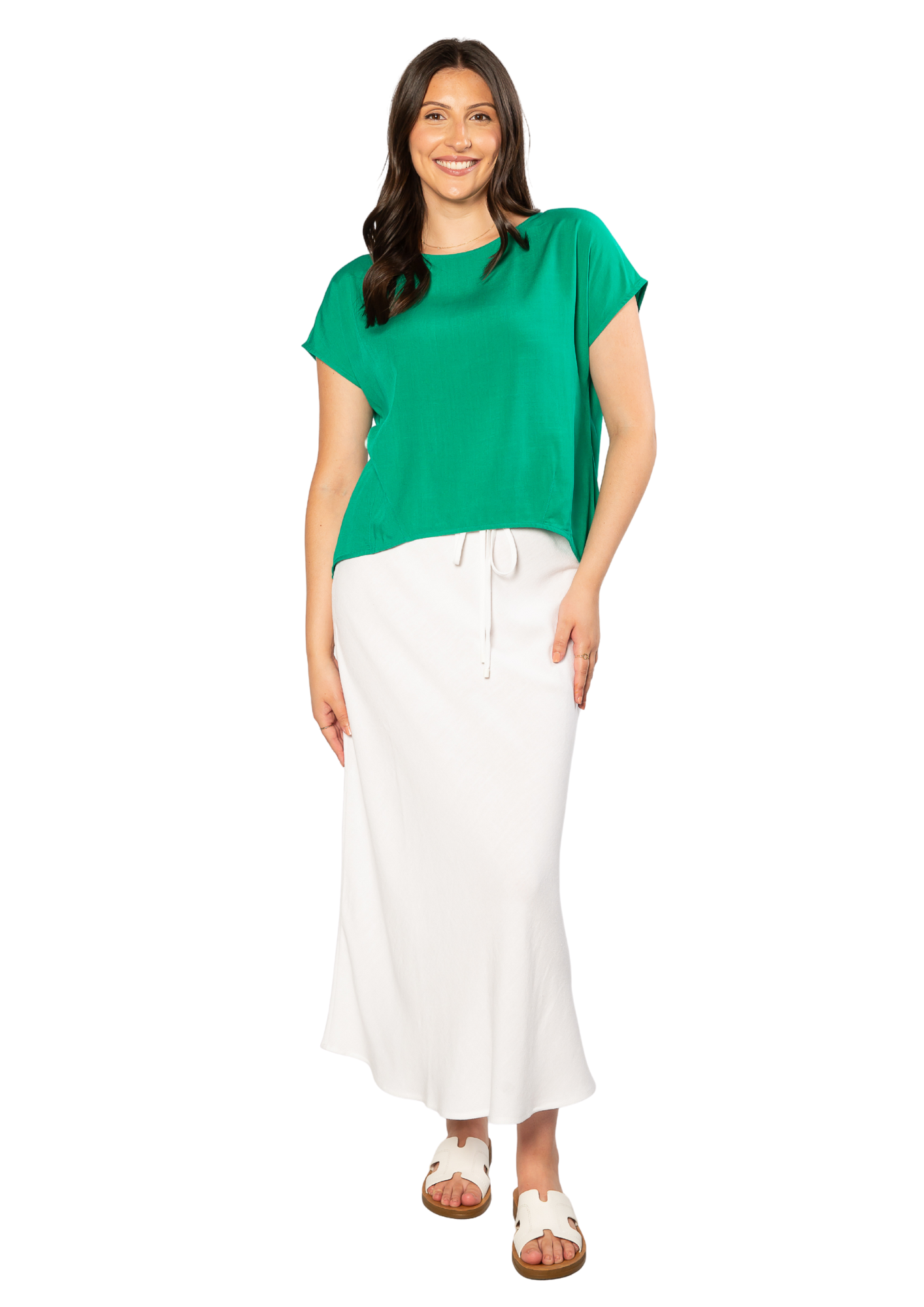 Extended Cap Sleeve Scoop Hem Top #627 Green