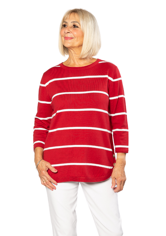 100% Cotton Stripe 3/4 Sleeve Light Weight Summer Knit #5018 - Cranberry
