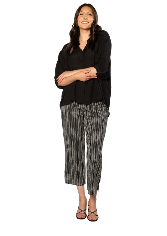Pure cotton Drawstring Stripe Pant with Side Seam Hem Tab Detail #6535 - Black