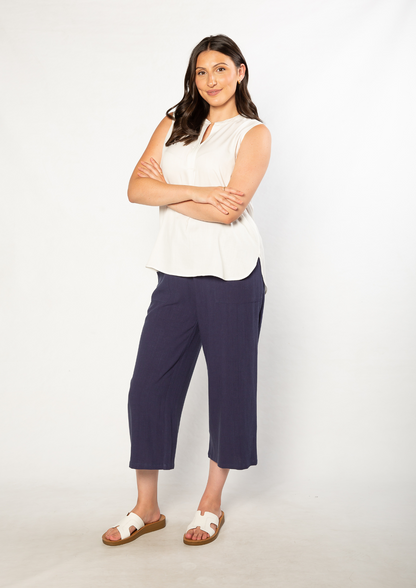 Linen Blend 3/4 Length Pant with Pockets #6678 - Navy