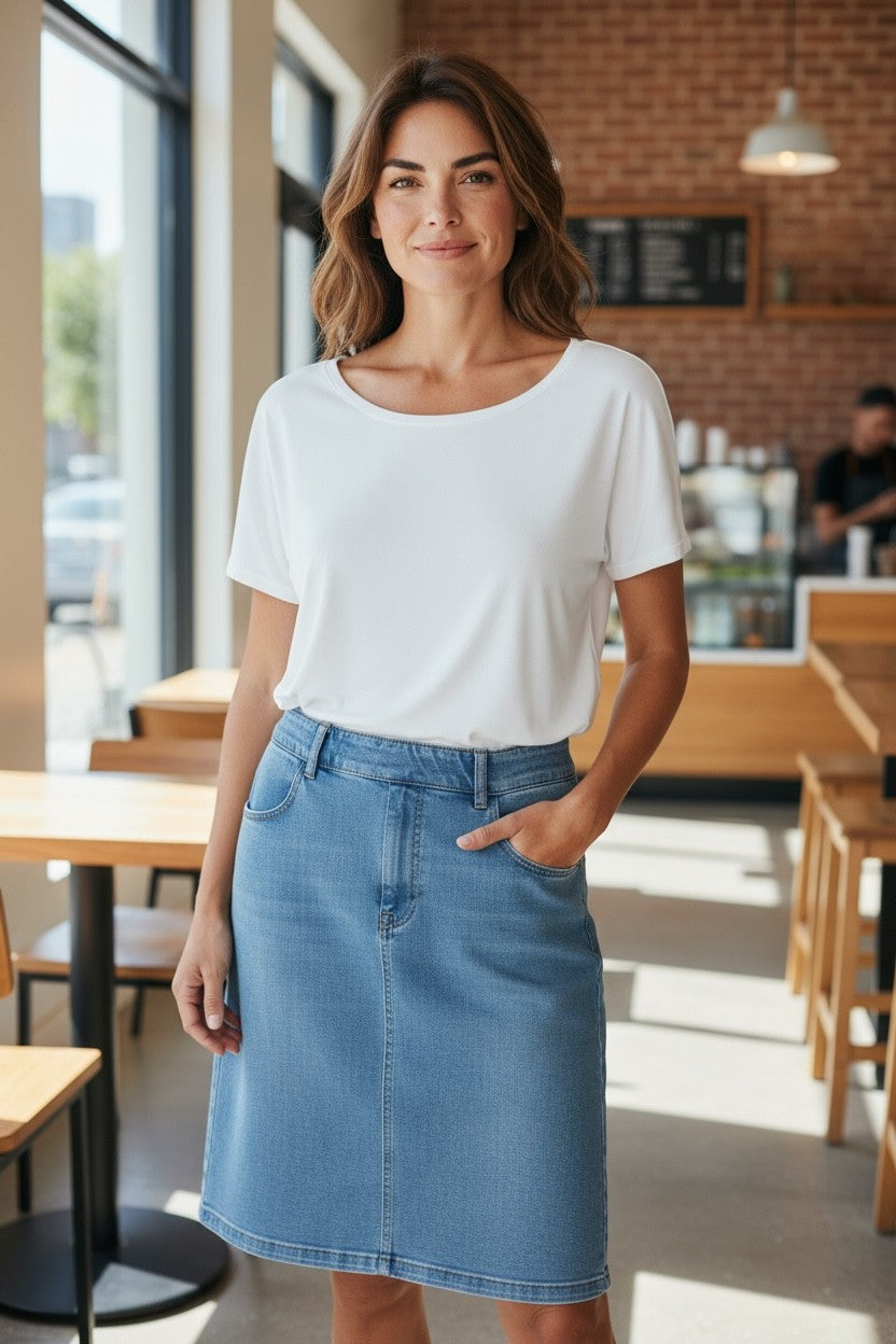 Stretch Cotton Pull-on Denim Skirt with pockets - #4010 Icewash