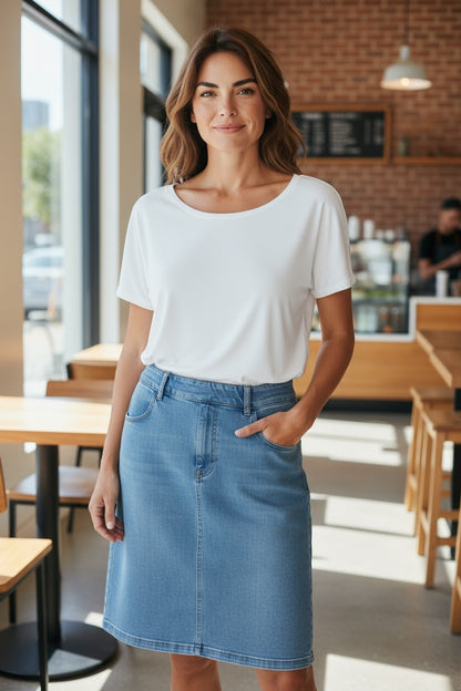 Stretch Cotton Pull-on Denim Skirt with pockets - #4010 Icewash