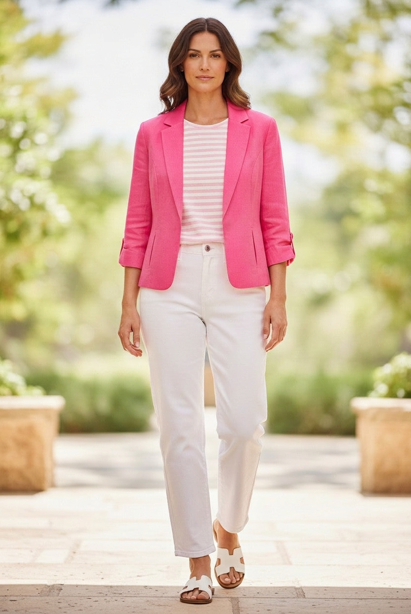 Women's Cotton Linen Summer Jacket #9300 - Pink/Blue/White